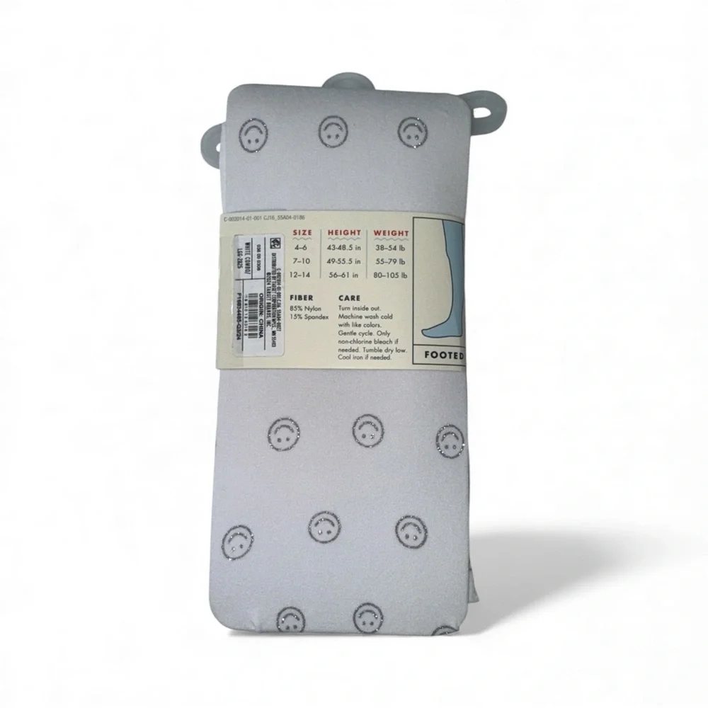 1 Pair Cat & Jack Kids Tights White Glitter Smiley Face Size 7-10 NWT